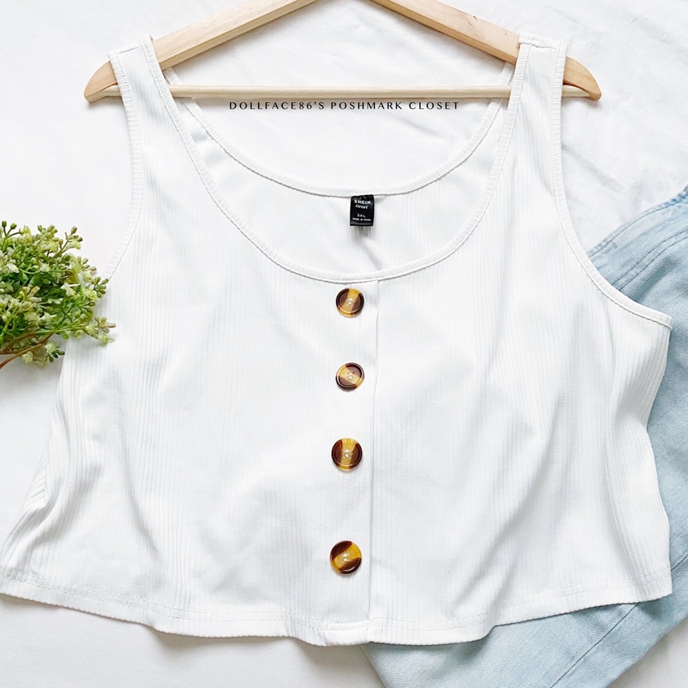 White Faux Button Down Ribbed Cropped Tank Top